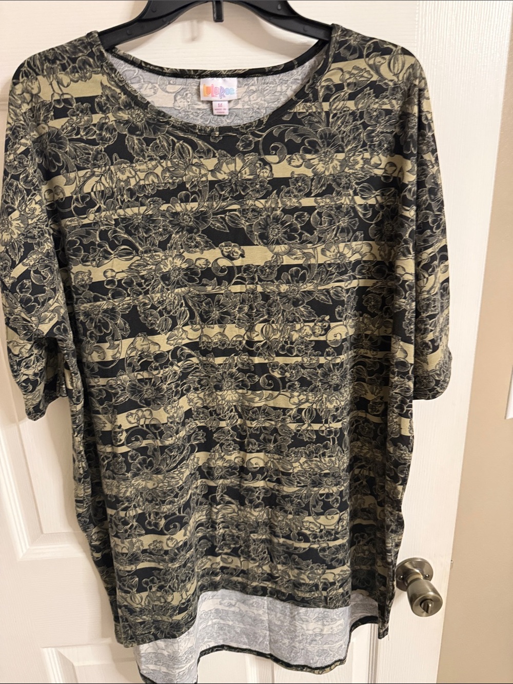 LuLaRoe Olive and Black Floral Stripe Short Sleeve Top